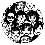 Sketch-like illustration of a diverse group of people crowded together, smiling.